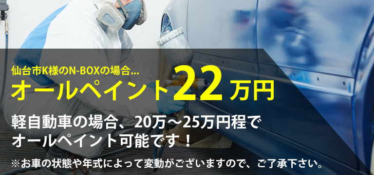 山形市K様のN-BOXの場合...オールペイント22万円　軽自動車の場合、20万～25万円程でオールペイント可能です！　※お車の状態や年式によって変動がございますので、ご了承下さい。